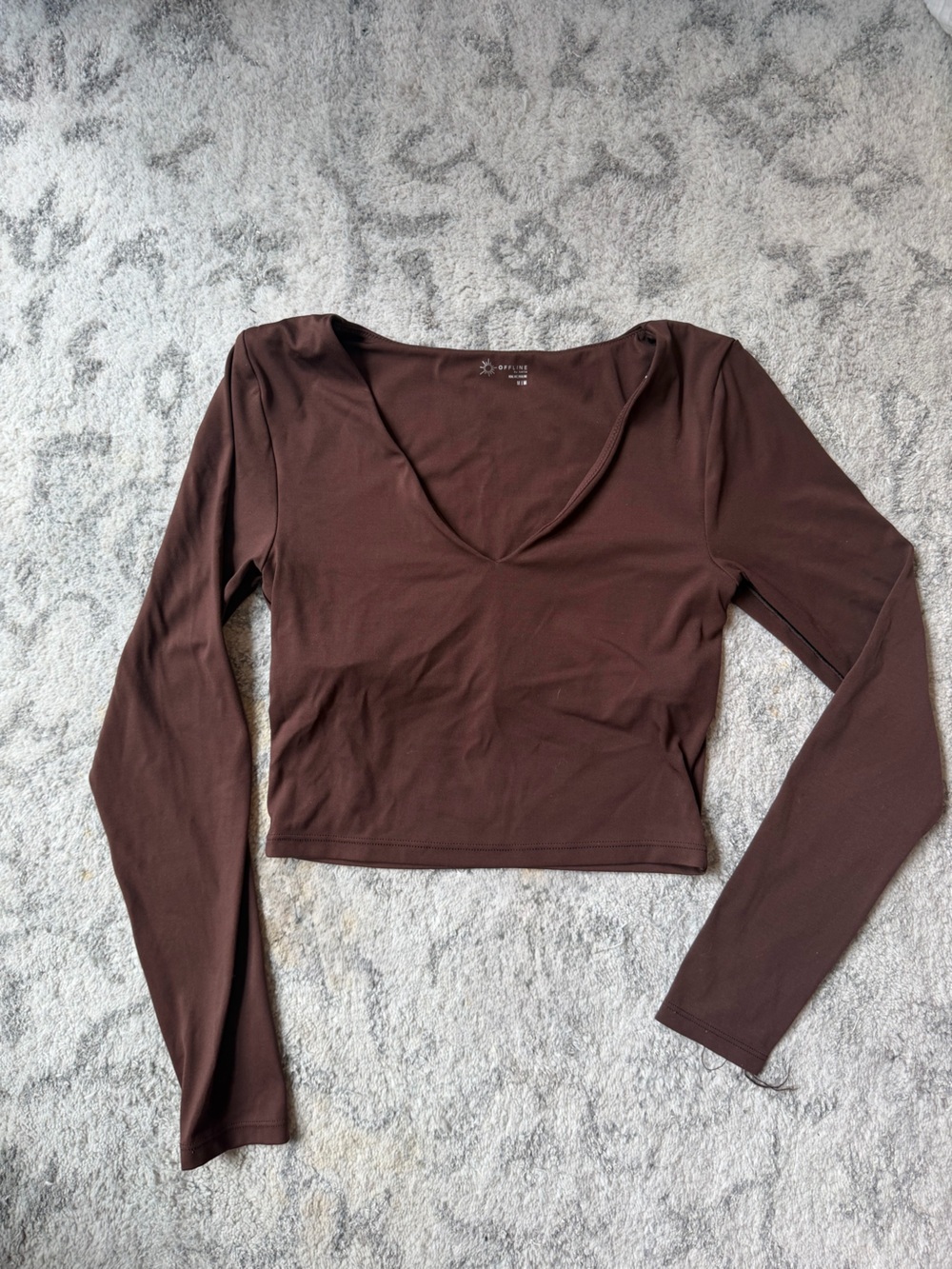 aerie Brown Long Sleeve V-Neck Top